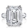 Three Stone Emerald Cut Created White Sapphire Engagement Ring in Rhodium Plated Sterling Silver
