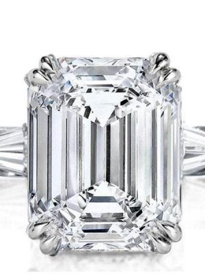 Three Stone Emerald Cut Created White Sapphire Engagement Ring in Rhodium Plated Sterling Silver