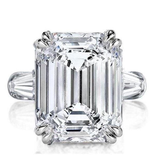 Three Stone Emerald Cut Created White Sapphire Engagement Ring in Rhodium Plated Sterling Silver