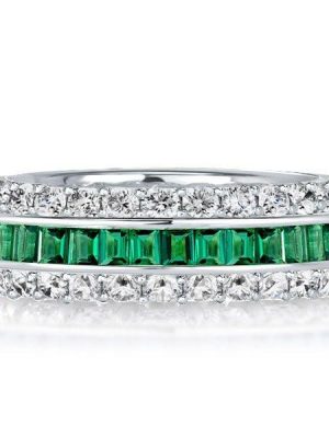 Eternity Triple Row Wedding Band Ring in White and Green Stones, 925 Sterling Silver