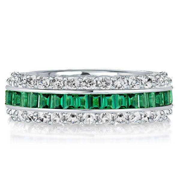 Eternity Triple Row Wedding Band Ring in White and Green Stones, 925 Sterling Silver
