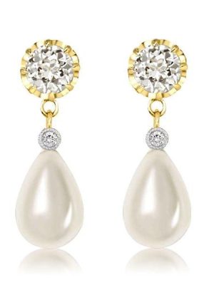 18K Gold Plated Created White Sapphire and Pearl Drop Earrings for Women