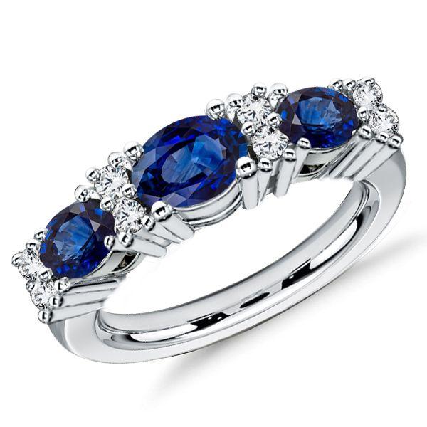 Blue Sapphire Oval Cut Half Eternity Wedding Band in Sterling Silver
