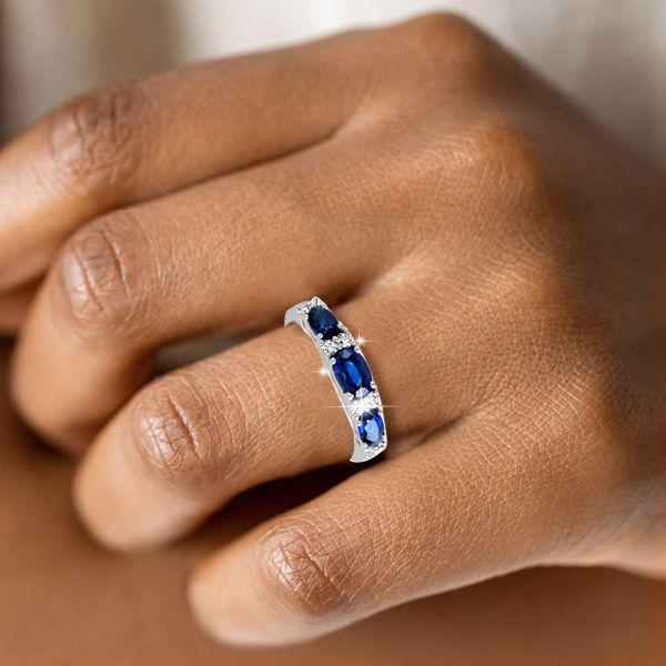 Blue Sapphire Oval Cut Half Eternity Wedding Band in Sterling Silver