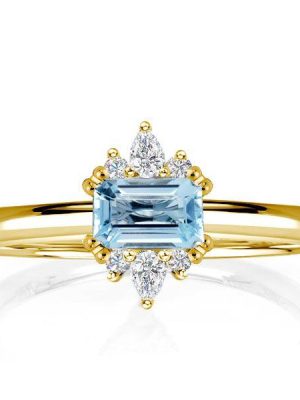 Golden Emerald Aquamarine Engagement Ring - 18K Gold Plated Sterling Silver