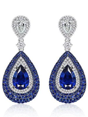 Vintage Pear Blue Sapphire Drop Earrings in Sterling Silver - Pave Setting