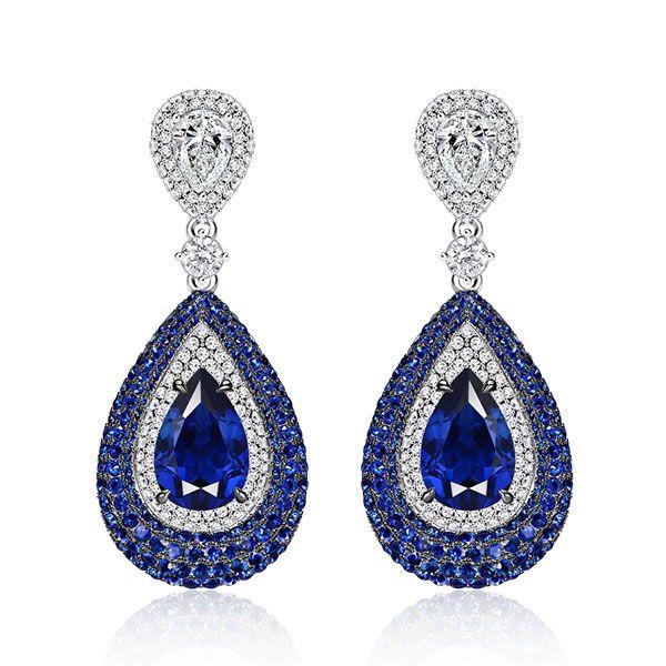 Vintage Pear Blue Sapphire Drop Earrings in Sterling Silver - Pave Setting