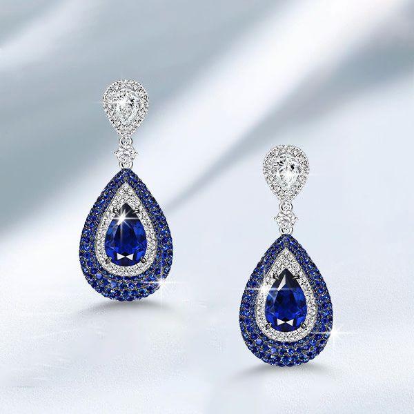Vintage Pear Blue Sapphire Drop Earrings in Sterling Silver - Pave Setting