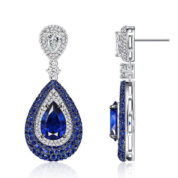 Vintage Pear Blue Sapphire Drop Earrings in Sterling Silver - Pave Setting