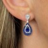 Vintage Pear Blue Sapphire Drop Earrings in Sterling Silver - Pave Setting