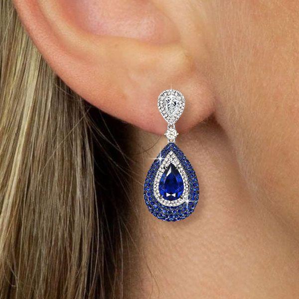 Vintage Pear Blue Sapphire Drop Earrings in Sterling Silver - Pave Setting