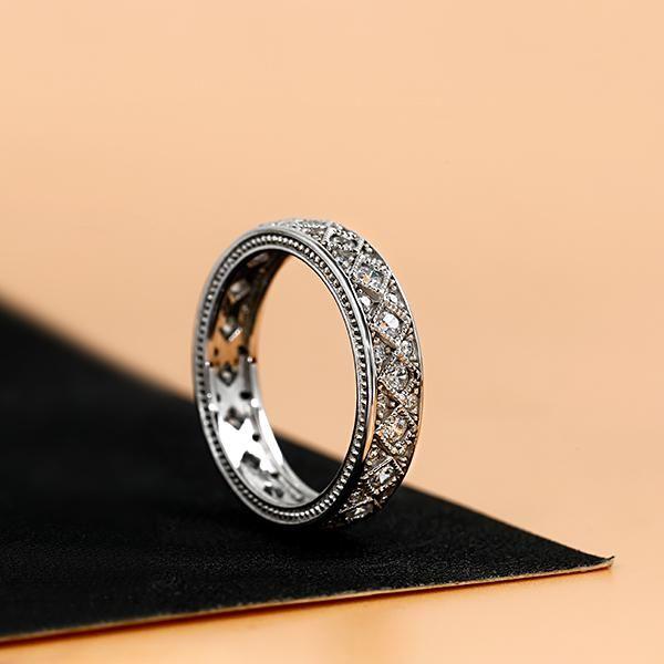 Vintage Milgrain Pave Wedding Band - Sterling Silver & White Sapphire