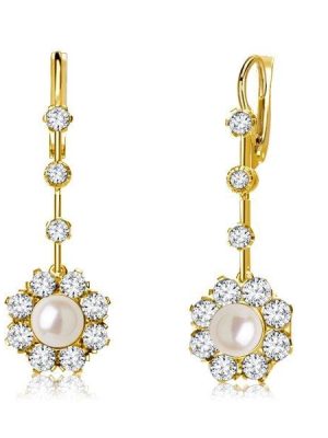 18K Gold Plated Sterling Silver Halo Pearl Drop Earrings for Women