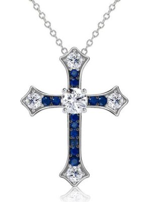 Blue Sapphire Cross Necklace - 925 Sterling Silver Pendant (1.14 CT)