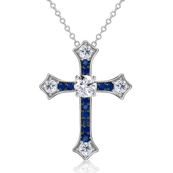 Blue Sapphire Cross Necklace - 925 Sterling Silver Pendant (1.14 CT)