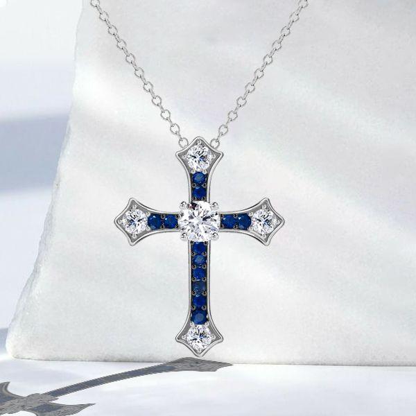 Blue Sapphire Cross Necklace - 925 Sterling Silver Pendant (1.14 CT)