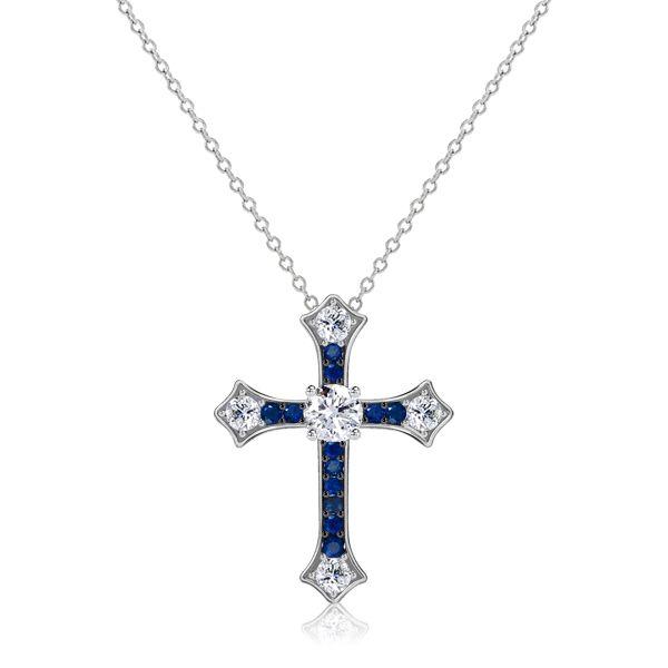 Blue Sapphire Cross Necklace - 925 Sterling Silver Pendant (1.14 CT)