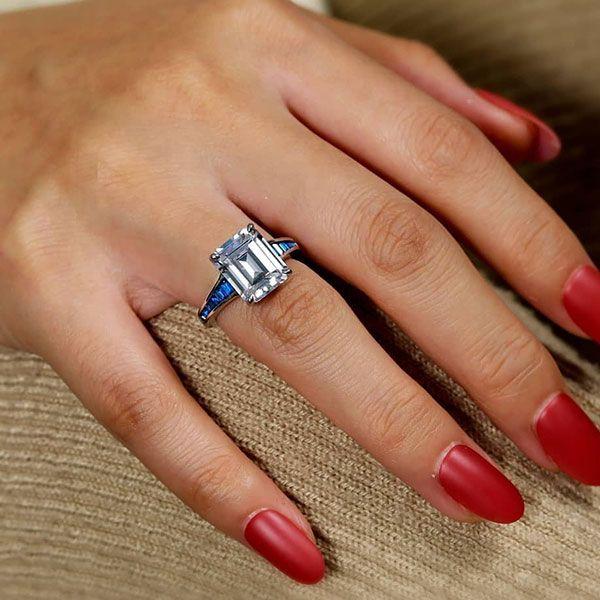 Blue Emerald Cut Engagement Ring - 925 Sterling Silver - 5 Carat Center Stone