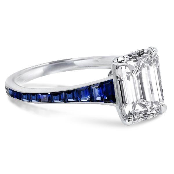 Blue Emerald Cut Engagement Ring - 925 Sterling Silver - 5 Carat Center Stone
