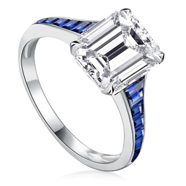 Blue Emerald Cut Engagement Ring - 925 Sterling Silver - 5 Carat Center Stone
