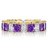 Two-Tone Sterling Silver Princess Cut Amethyst Eternity Band - Yellow Gold Accents