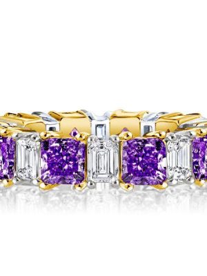 Two-Tone Sterling Silver Princess Cut Amethyst Eternity Band - Yellow Gold Accents