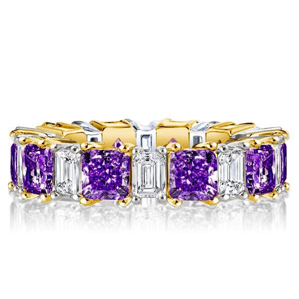 Two-Tone Sterling Silver Princess Cut Amethyst Eternity Band - Yellow Gold Accents