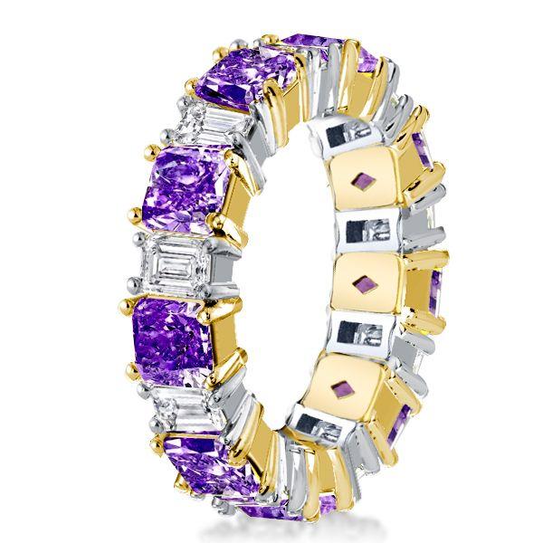 Two-Tone Sterling Silver Princess Cut Amethyst Eternity Band - Yellow Gold Accents