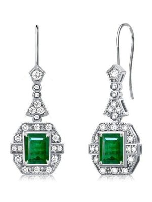 Art Deco Emerald Cut Emerald & Sapphire Drop Earrings in Sterling Silver