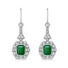 Art Deco Emerald Cut Emerald & Sapphire Drop Earrings in Sterling Silver