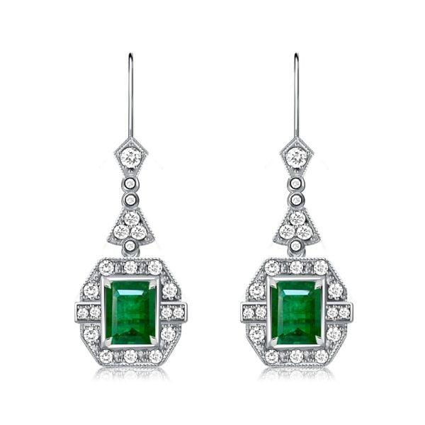 Art Deco Emerald Cut Emerald & Sapphire Drop Earrings in Sterling Silver