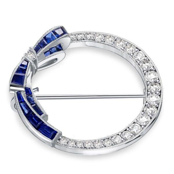 Antique Blue Sapphire Circle Bow Brooch Pin | 1.42 CT. TW | Sterling Silver Plated