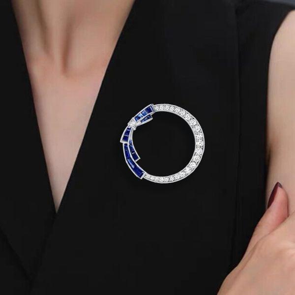 Antique Blue Sapphire Circle Bow Brooch Pin | 1.42 CT. TW | Sterling Silver Plated