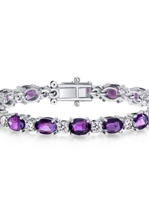 Sterling Silver Amethyst Bracelet Round & Oval Cut Gemstone Jewelry for Weddings