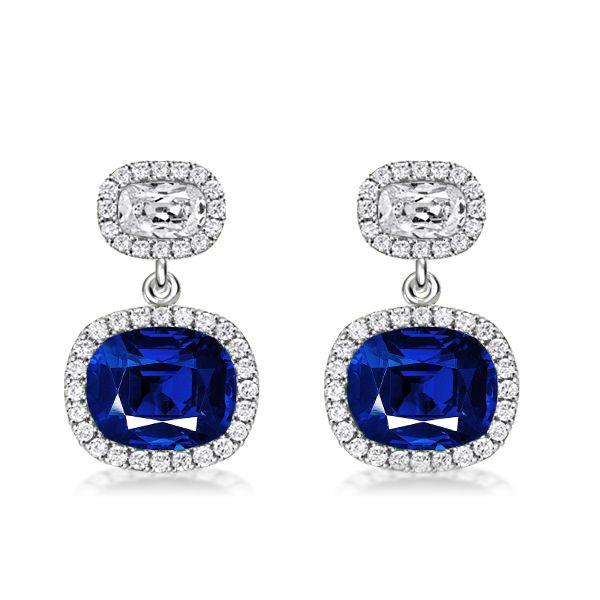 Cushion Cut Blue Drop Earrings - 925 Sterling Silver Dangle Earrings for Women