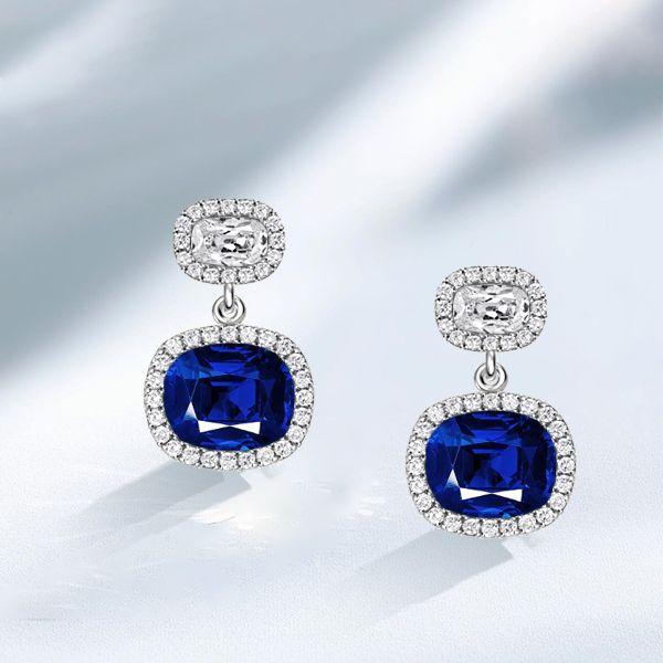 Cushion Cut Blue Drop Earrings - 925 Sterling Silver Dangle Earrings for Women