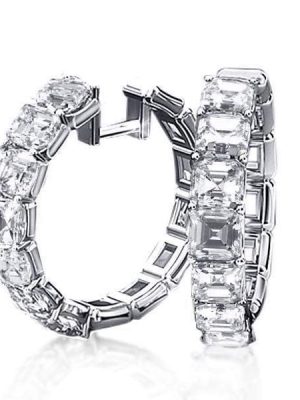 Sterling Silver Asscher Cut Hoop Earrings, Rhodium Plated Hinged Closure