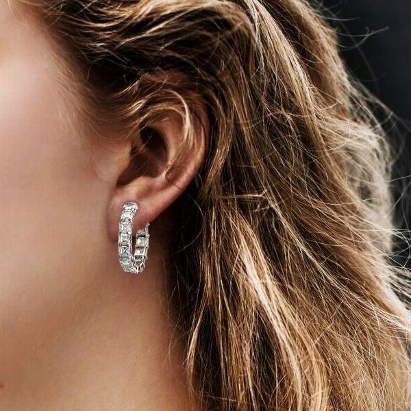 Sterling Silver Asscher Cut Hoop Earrings, Rhodium Plated Hinged Closure