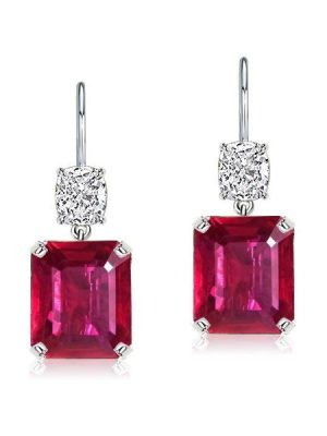 Emerald Cut Ruby Drop Earrings for Women - Sterling Silver