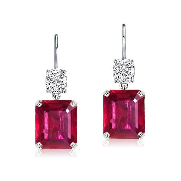 Emerald Cut Ruby Drop Earrings for Women - Sterling Silver