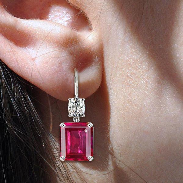 Emerald Cut Ruby Drop Earrings for Women - Sterling Silver