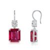 Emerald Cut Ruby Drop Earrings for Women - Sterling Silver