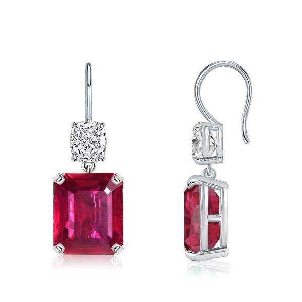 Emerald Cut Ruby Drop Earrings for Women - Sterling Silver