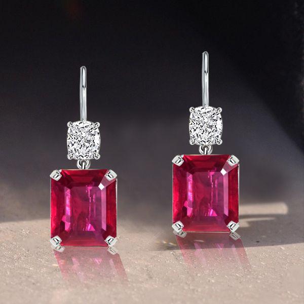 Emerald Cut Ruby Drop Earrings for Women - Sterling Silver