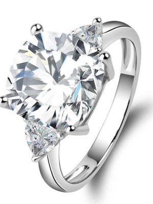 Three Stone Created White Sapphire Engagement Ring - 925 Sterling Silver