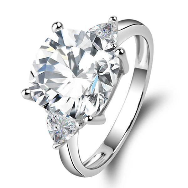 Three Stone Created White Sapphire Engagement Ring - 925 Sterling Silver