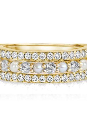 Pearl & Round Cut CZ Half Eternity Band in 18K Yellow Gold Plated Sterling Silver