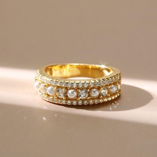 Pearl & Round Cut CZ Half Eternity Band in 18K Yellow Gold Plated Sterling Silver
