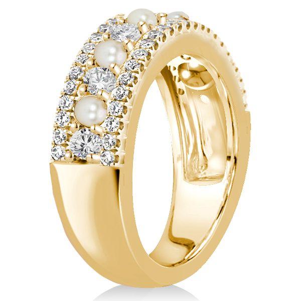 Pearl & Round Cut CZ Half Eternity Band in 18K Yellow Gold Plated Sterling Silver