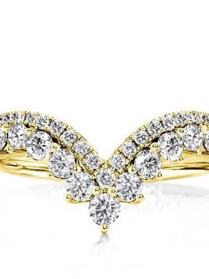 Golden V-Shaped Wedding Band - 18K Gold Plated Sterling Silver with Simulated Diamonds